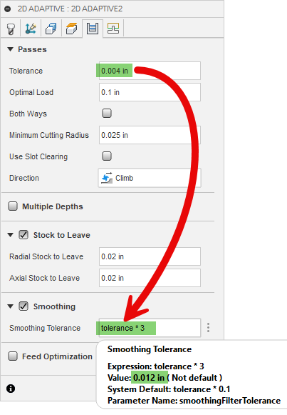 Autodesk Fusion CAM 2D Adaptive tolerance and smoothing settings