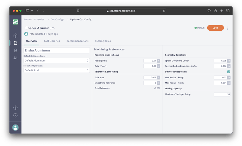 Cut Config — Overview tab