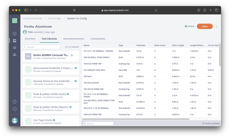 Cut Config — Tool Libraries tab
