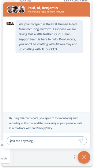 Live chat with a real Toolpath employee